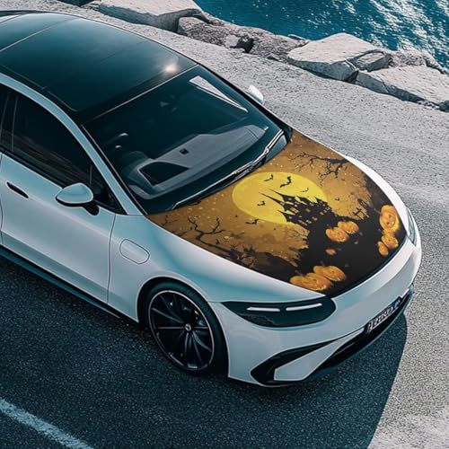 Image of Halloween Bat Castle Print Car Hood Cover Stretchable Auto Hood Wrap Blankets Waterproof Automotive Halloween Outdoor Decorations for Compact Sedans SUV Trucks Van