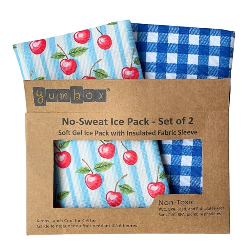 Yumbox Reusable Condensation Free Soft Ice Packs with Fabric Sleeve for Lunch Box and Cooler Sweatproof Pack of 2 Gel Ice Packs (Vichy)