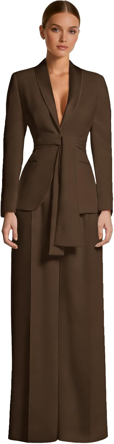 Satin Pant Suits for Women Long Sleeve Dressy Casual Wedding Guest Suit 2 Piece Womens Suit with Belt