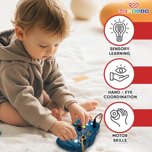 Image of Wembley Busy Board Switch Light Game - Blue | Montessori Sensory Activity Toy for Toddlers | LED Lights, Buttons, Switches & Compass | Fine Motor Skill Development