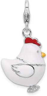 Solid 925 Sterling Silver And Enamel Chicken Lobster Clasp Charm (0.67 x 0.91 Inches)