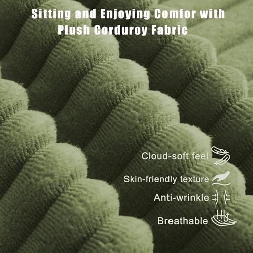 Image of L Shaped Boneless Couch Modular Sectional Sofa, Modern Cozy Corduroy Cloud Couch Loveseat with Ottoman, Memory Foam Convertible Sectional Sleeper Sofas for Living Room, Green