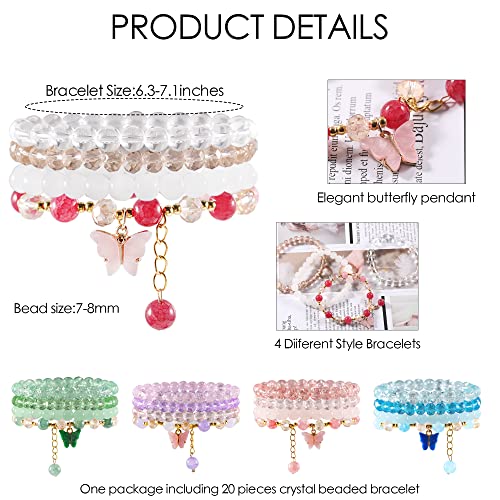 20Pcs Beaded Crystal Bracelets for Women, Aesthetic Cute Boho Chakra Bead Stackable Bracelet Butterfly Charm Pink Green Blue White Purple Glass Stones Gold Beads Jewelry Set Pack Bulk2
