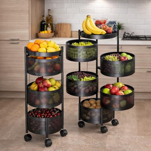 Image of RADIANT 4 Layer Multipurpose Plastic Trolley with Dish Rack for Kitchen Fruit Vegetable Storage Basket Kitchenware Food, Snacks, Toys, Tiered Shelf (Black) (Round Trolley - 4 Layer)