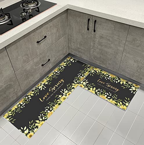 HZVRTN 2 Piece Non Slip Kitchen Mat Kitchen Rug Set 40x60 + 40x120 cm, Washable Rubber Backing Doormat, Dining Room, Entryway and Door Runner Rug Set (small yellow flower)