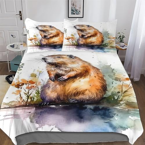 AAPZY Beaver Bedding Set Duvet Cover Comforter Cover Ultra Soft Quilt Cover for Kids, Girls, Boys And Teens 3 Pieces with Pillowcase Cosy Super Easy Care Bed Linen Double (200x200cm)