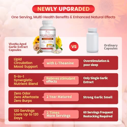 Image of VivoNu Odorless Aged Garlic Extract,1500mg per Serving, 240 Capsules | Cholesterol*,Lipid* & Liver* Support | 5-in-1 Formula with Bergamot,Lecithin,Nattokinase,L-Theanine | Organic, NON-GMO