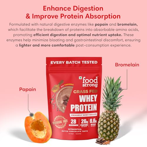 Image of Foodstrong Whey Protein Isolate + Concentrate, 100% Hormone Free Grass-Fed Whey, 26G Protein & 6.6G BCAA, Dutch Chocolate, With Turmeric & Natural Digestive Enzymes, 1KG