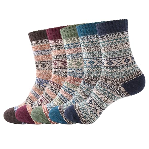 Women Winter Socks 5 Packs Wool Socks Gifts for Mom Warm Vintage Soft Christmas Socks Thick Cold Knit Crew Socks