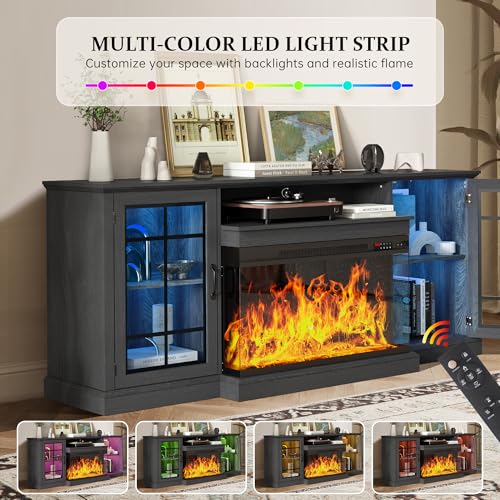 Image of MXV 70'' Fireplace TV Stand, Farmhouse Entertainment Center with 3 Sided Glass TV Stand, Modern Media Console Table with Storage Drawers & Cabinets with LED Flame and Lights for Living Room, Black