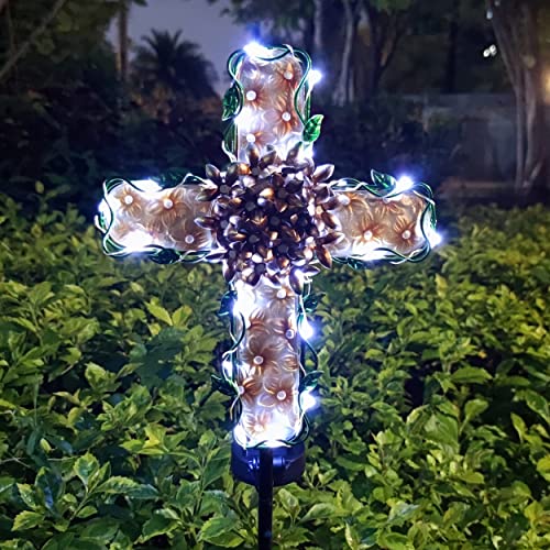 COOZZYHOUR 38inch Solar Cross Garden Lights Outdoor Decorative - Solar Metal&Glass Cross Apricot Hydrangea Flower Stake Lights- Waterproof 20 White LED for Remembrance Gifts & Sympathy Gifts
