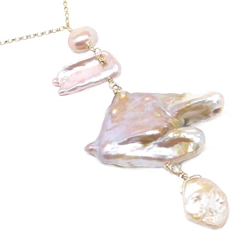 Large Mauve Cultured Freshwater Pearl Abstract Flamingo Chain Necklace Sterling Silver Gold-filled