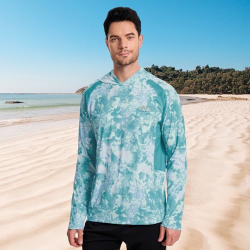 Image of Men's UPF 50+ Hoodie Shirt Long Sleeve Permanent UV Sun Protection Vented Tee Performance for Outdoor Hiking Fishing