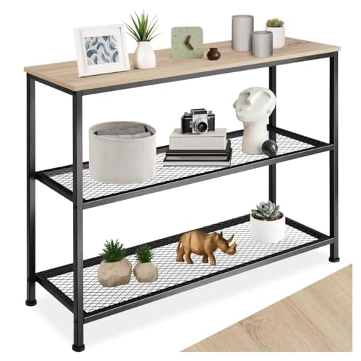 tectake® Industrial Konsolentisch schmal, Bartisch Konsole, Kommode mit 2 Ablagen, Beistelltisch für Wohnzimmer Flur, Sideboard, Regal oder Blumenbank - Industrial Holz hell, Eiche Sonoma