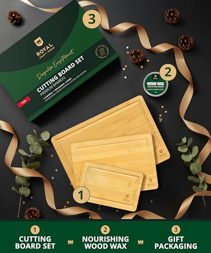 ROYAL CRAFT WOOD Bamboo Cutting Board Gift Set – 3-Piece Reversible Wooden Boards with Deep Juice Groove & Handles – Premium Charcuterie & Butcher Blocks for Kitchen – Holiday Gift-Ready Packaging