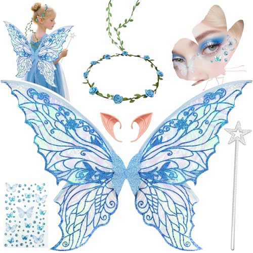 YeahBoom Feenflügel Kostüm,Schmetterlingsflügel mit Elfenöhren,Fee Stirnband und Sterne Feenstäbe,Schmetterlingsflügel,Prinzessinnenflügel,Flügel Kostüm für Fasching oder Feen-Mottopartys