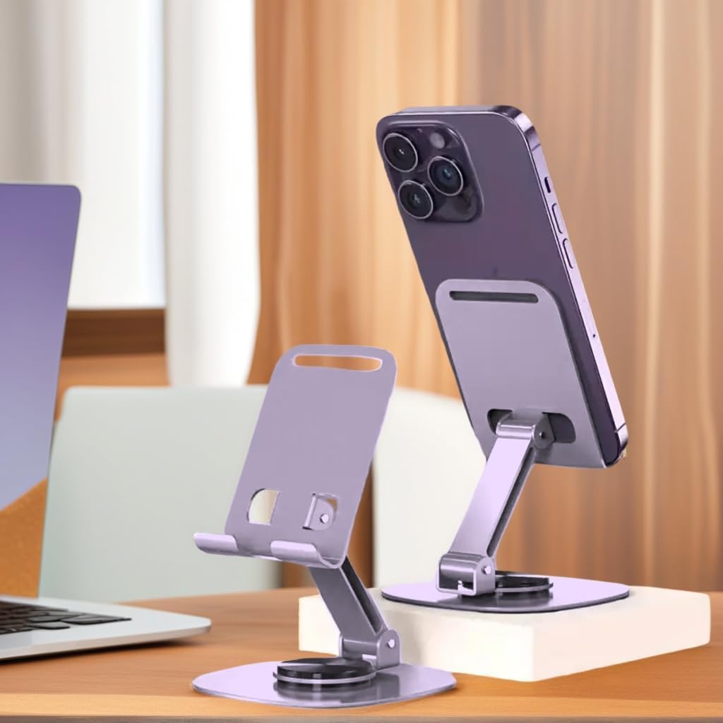 360 Degree Rotatable Adjustable Desktop Phone Stand, Portable Mobile Phone Holder, Desk Accessory Compatible with iPhone 16 15 14 13 Pro Max Smartphone, iPad (Purple)