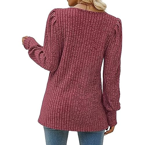 Blusa feminina de manga comprida elegante gola quadrada pulôver de malha canelada túnica lisa manga