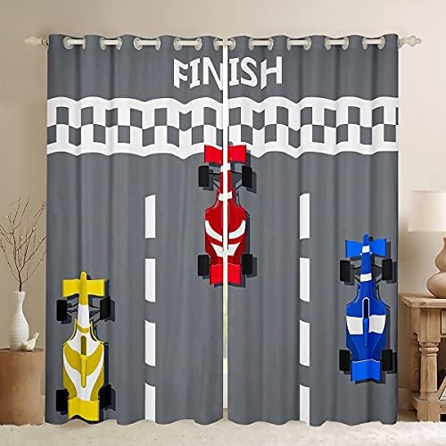 Youth Race Car Window Drapes Formula Racer Window Curtains Extreme Speed Sports Curtain Panels For Kids Boys Cartoon Racing Car Track Window Treatment Window Treatments Living Room Decor 52W"x84L"