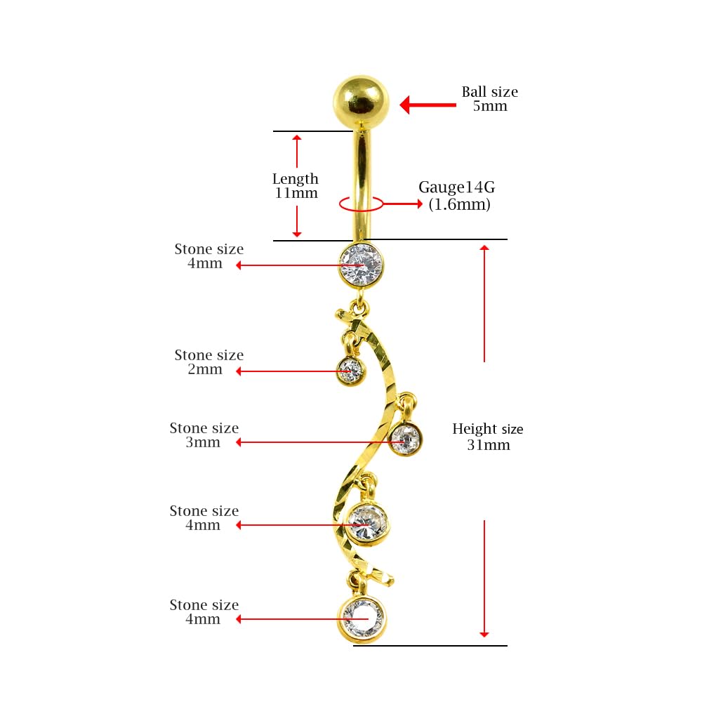 Piercing para el ombligo de oro amarillo macizo de 14 quilates con circonita cúbica y rama floral, joyería para el ombligo de 14 quilates, calibre 14, 14 Gauge - 12mm Length, Circonia
