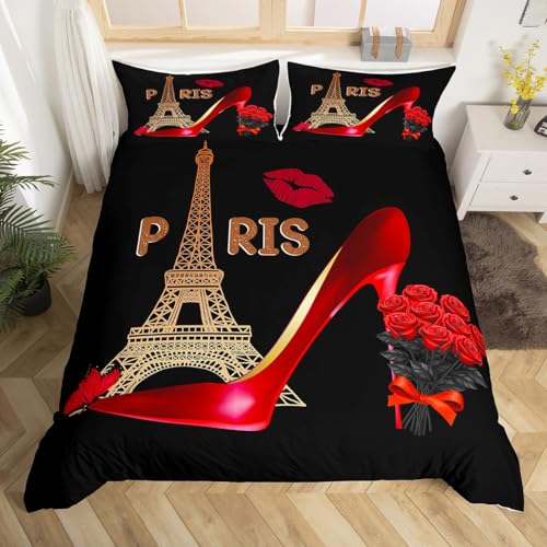 Tour Eiffel Filles Housse de Couette 220x240,Femmes Talons Hauts Fleurs Rose Ensemble de Literie Rouge Noir Romantique Paris Thème Parure de Lit Lèvres Papillon Couvre...