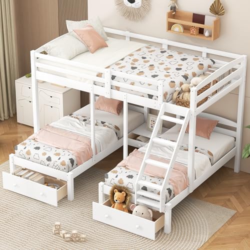Image of VilroCaz Wood Bed Bunk Bed with 2 Storage Drawers for 3, Full Over Twin & Twin Bunk Bed Frame with Built-in Middle Drawer, Guardrail and Ladder for Kids Teens Adults, Maximized Space Design
