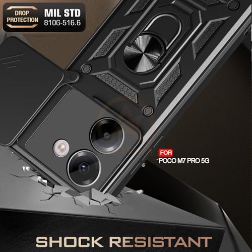 Image of Armor Bumper Back Cover Case for Poco M7 Pro 5G Rotating Camera Cover, Ring Holder & Kickstand | Heavy Duty & 360 Degree Protection Poco M7 Pro 5G Back Cover (Black)
