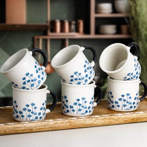 Image of The Earth Store Blue Flower Tea Cup Set of 6, 150 ML Each, Microwave and Dishwasher Safe Coffee Cups | Cup Set for Tea | Tea /chai Cups for Gifting, Home & Office Use, Every Occasion