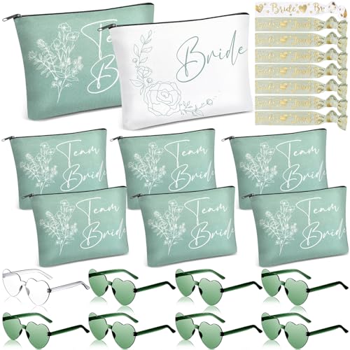 Ylinge 24 peças presentes nupciais necessidade de maquilhagem team bride óculos pulseira 8 bolsas de cosméticos 8 óculos de sol de coração 8 pulseiras para despedida de solteira casamento noivado