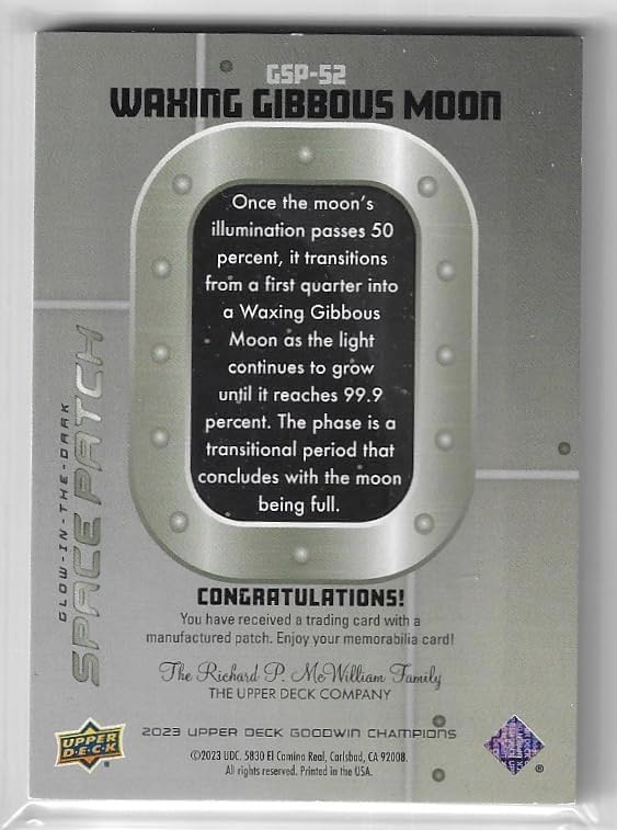 Waxing Gibbous Moon Glow in the Dark Space Patch Special Insert the Richard P. McMillan Family Special Insert Collectible Football Card - 2023 Upper Deck Goodwin Champions Trading Card #GSP-52 (Space)