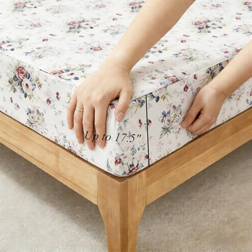 Image of FADFAY Rose Sheets Set King Pink and Blue Floral Bedding Rustic Botanical Flower Bed Sheet Set, Soft & Breathable Muslin All-Season Sheets