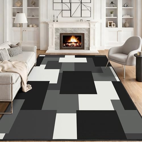 Tyrot Modern Geometric 5x7 Area Rugs Non Slip Mid Century Washable Rug Black and White Grey Abstract Ultra Thin Linen-Look Indoor Outdoor Rug for Living Room Bedroom Dining Room, Home Office