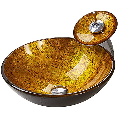 Lavandino da appoggio per Bagno, lavabo da appoggio in Vetro temperato Artistico con Scarico a Scomparsa e Rubinetto a Cascata, Oro