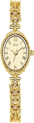 CARLIEN Fashion Vintage Gold Oval Quartz Watches for Women - Alloy Steel Band Slim Bracelet - Roman Numerals Numbers - Dainty Elegant Dress Wristwatch Waterproof