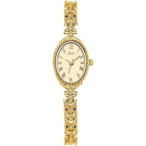 CARLIEN Fashion Vintage Gold Oval Quartz Watches for Women - Alloy Steel Band Slim Bracelet - Roman Numerals Numbers - Dainty Elegant Dress Wristwatch Waterproof