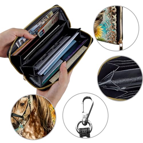 Image of Women's Wallets,Credit Card Holder Money Leather Long Wallet with Wristlet,Large Capacity with Zip-Around Phone Purse for Women Ladies Girls,Horse Leopard Print Sunflower