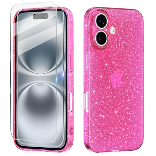 Cover Compatibile con iphone 16 Custodia Glitter, 2 Pezzi Pellicola Protettiva in Vetro Temperato, Brillantini Custodia Morbido TPU Protezione Trasparente Antiurto Case - Rosa Caldo