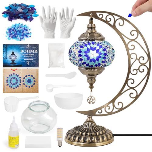 BOHMR DIY Turkish Mosaic Lamp Kit Moon Stained Glass Lamp Making Kit- Easy Fun No Experience Needed Mosaic Art & Craft Project Kits for Adults & Teens Make Your Own Table Lamp Christmas Gift Blue