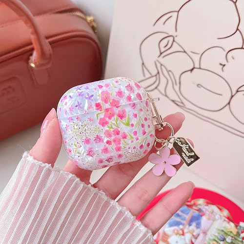 Image of MINSCOSE for Cute Glitter AirPods 4 Clear Case,Shell Pattern Cartoon Flower Aesthetic Design with Floral Keychain,Soft TPU Protective Cover with Cleaner Kit for AirPods 4-Pink
