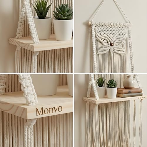 Image of Macrame Wall Hanging Shelf with Adhesive Wall Hook Boho Butterfly Hand-Woven Floating Shelf for Wall Decor Plant Holder Storage for Living Room, Pooja Room Nursery