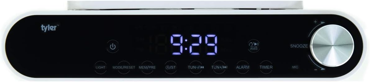 Close-up of Tyler TKS2-WH control panel with power, light, mode, memory, tune, alarm, and timer buttons.