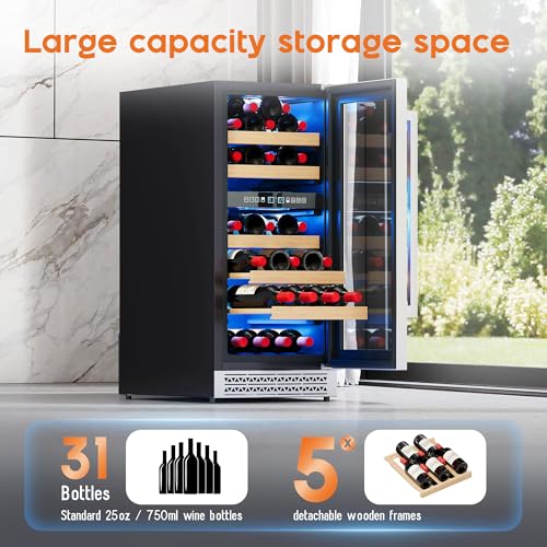 Image of Albott 15 Inch Wine Fridge, Dual Zone 31 Bottle Wine Cooler 41-68℉ with Digital Temperature Control, Reversible Double-Layer Glass Door, Built-in or Freestanding Design for Home and Bar