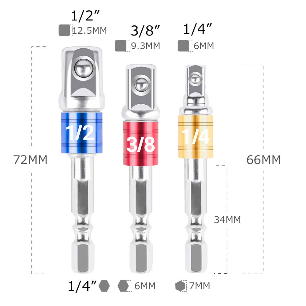Adapter do gniazd udarowych / zestaw przedłużający – zamienia wiertarkę w nasadkę szybkotnącą, napęd 1/4", 3/8" i 1/2", adapter do wkrętarek udarowych,
