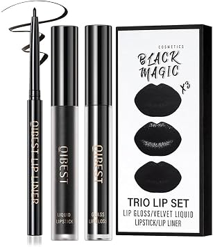 3Pcs Black Matte Liquid Lipstick and Lip Liner Set - Black Lip Gloss Stain Lipliner Set, Moisturizing Velvet Liquid Lipstick/Non-Stick Cup Lipgloss for Halloween Goth Makeup