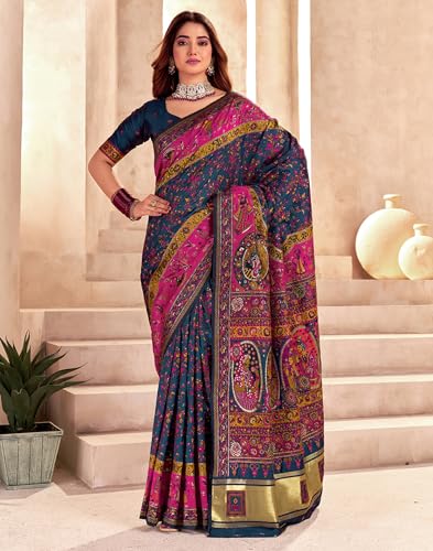 Image of SIRIL Women's Silk Kashmiri Minakari Jacquard Saree With Unstitched Blouse Piece