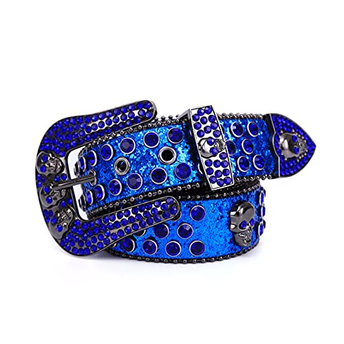 Ceinture boucle tête de mort gothique luxe en strass bleu 115cm