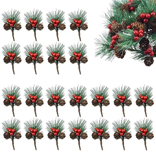 20 peças ramo de pinheiro artificial Natal, pauzinhos de pinheiro artificiais de Natal, ramos artificiais de pinheiro de bagas vermelhas, para arranjos florais natalícios, bricolage artesanato, coroas