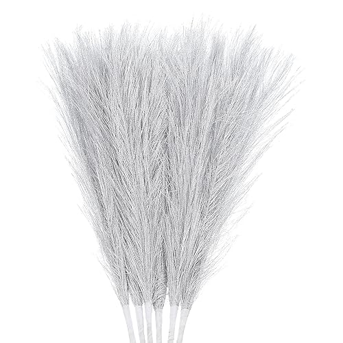 Uxcell 6Pcs Faux Pampas Artificial Grass Small 45cm/17.7" Fake Fluffy Pampas Artificial Grass 7 Branches Artificial Plants Vase Filler for Home Office Vase Wedding Decoration Silver