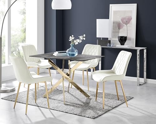 Image of Furniturebox UK Leonardo Dark Glass Marble Effect Gold Leg Table & 4 Cream Pesaro Gold Leg Chairs