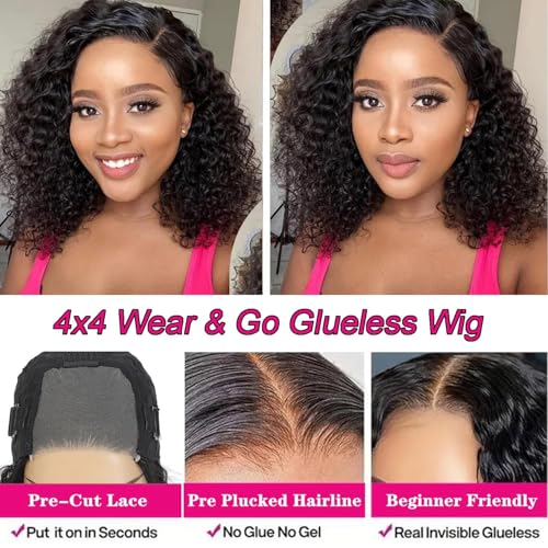 Short Bob Wig Human Hair 4x4 Glueless Wigs Human Hair Pre Plucked Pre Cut Deep Wave HD Lace Closure Human Hair Wigs For Black Women Curly Wig (12 Inch)